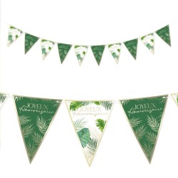 GUIRLANDE DE 10 FANIONS JOYEUX ANNIVERSAIRE FEUILLES TROPICALES VERT ET OR 3M