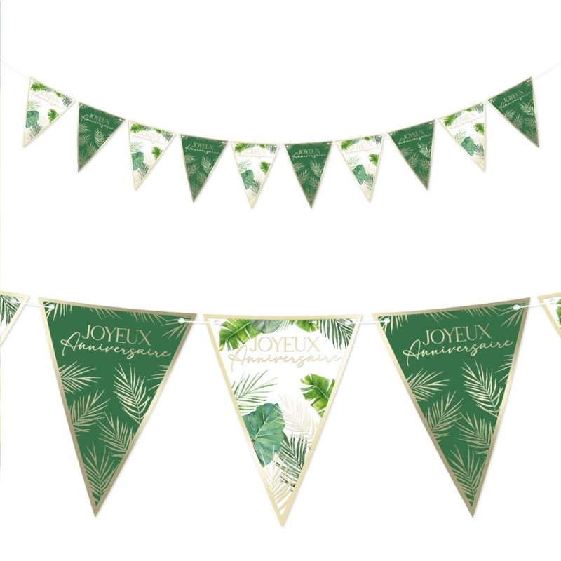 GUIRLANDE DE 10 FANIONS JOYEUX ANNIVERSAIRE FEUILLES TROPICALES VERT ET OR 3M GUIRLANDE DE 10 FANIONS JOYEUX ANNIVERSAIRE FEUILLES TROPICALES VERT ET OR 3M