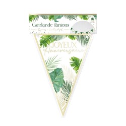 GUIRLANDE DE 10 FANIONS JOYEUX ANNIVERSAIRE FEUILLES TROPICALES VERT ET OR 3M