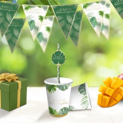 GUIRLANDE DE 10 FANIONS JOYEUX ANNIVERSAIRE FEUILLES TROPICALES VERT ET OR 3M