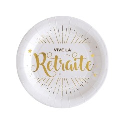 10 ASSIETTES VIVE LA RETRAITE OR ET BLANC