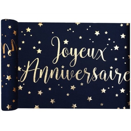 CHEMIN DE TABLE JOYEUX ANNIVERSAIRE BLEU NUIT ET OR 3 METRES