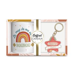 COFFRET CADEAU MUG SUPER NOUNOU + PORTE CLES UNE NOUNOU D'ENFER