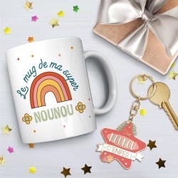 COFFRET CADEAU MUG SUPER NOUNOU + PORTE CLES UNE NOUNOU D'ENFER