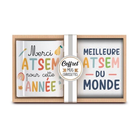COFFRET CADEAU MUG MERCI ATSEM + CHAUSSETTES MEILLEURE ATSEM DU MONDE