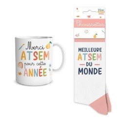 COFFRET CADEAU MUG MERCI ATSEM + CHAUSSETTES MEILLEURE ATSEM DU MONDE
