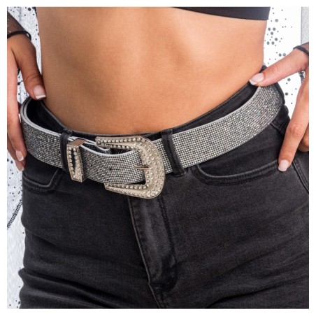 CEINTURE NOIRE AVEC STRASS ARGENT BOUCLE STRASS SHINY 120 CM X 3.8 CM