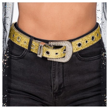 CEINTURE BOUCLE STRASS ET PAILLETTES OR 112CM X 3.8 CM