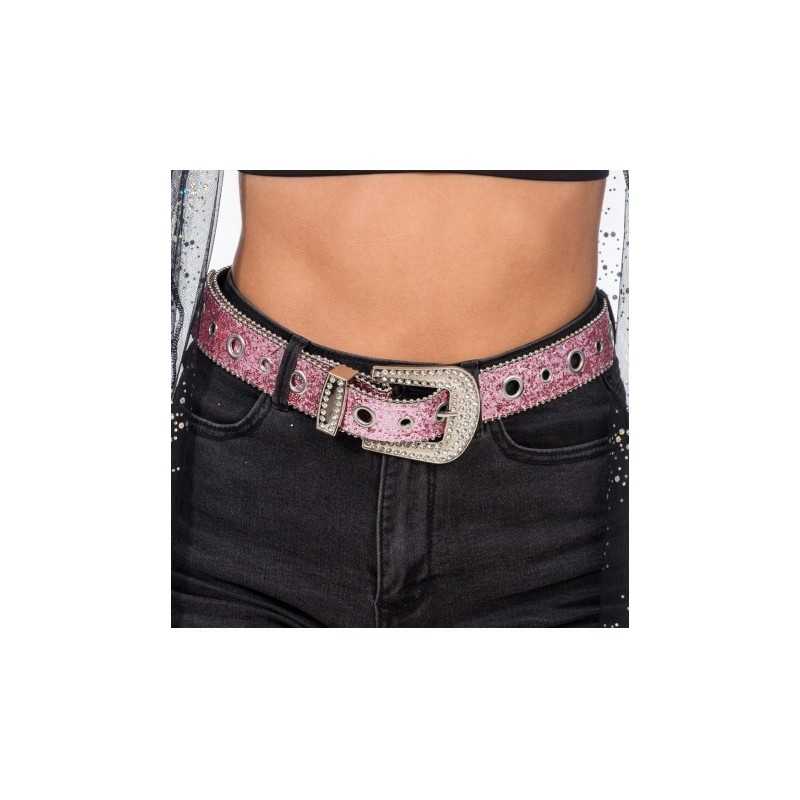 CEINTURE BOUCLE STRASS ET PAILLETTES ROSE 112CM X 3.8 CM