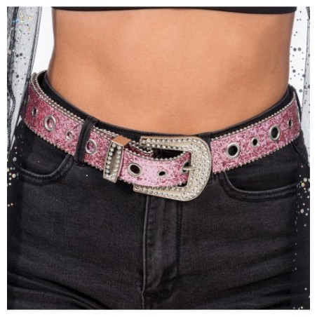 CEINTURE BOUCLE STRASS ET PAILLETTES ROSE 112CM X 3.8 CM
