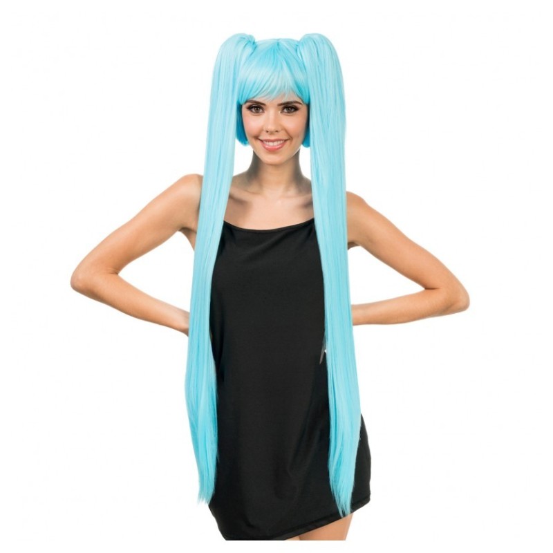 PERRUQUE MANGA COSPLAY HANA CHEVEUX LONGS COUETTES BLEUES AVEC FRANGE