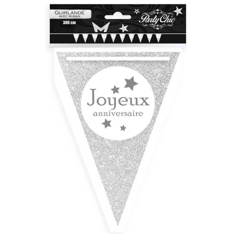 GUIRLANDE FANION JOYEUX ANNIVERSAIRE ARGENTEE 300 CM GUIRLANDE FANION JOYEUX ANNIVERSAIRE ARGENTEE 300 CM