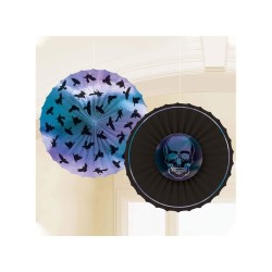 DECORATION HALLOWEEN COCARDE EN PAPIER AVEC TETES DE MORT IRISEES