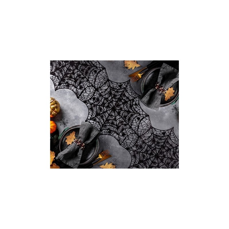 CHEMIN DE TABLE HALLOWEEN NOIR EFFET TOILE ARAIGNEE 34 CM X 136 CM CHEMIN DE TABLE HALLOWEEN NOIR EFFET TOILE ARAIGNEE 34 CM X 136 CM