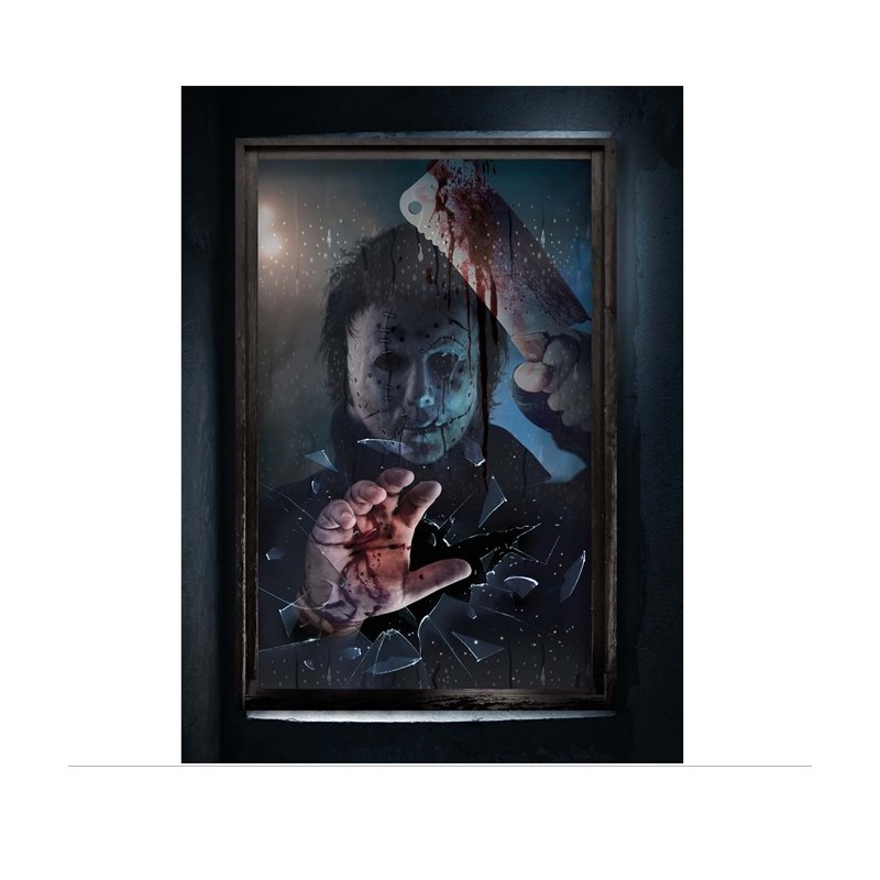 DECORATION DE FENETRE HALLOWEEN TUEUR ASSASIN AVEC MACHETTE EN SANG 80 X 120 CM