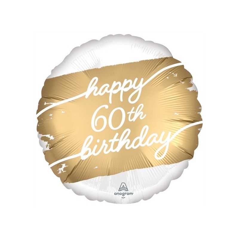 BALLON ROND METALLIQUE BLANC ET DORE HAPPY 60 TH BIRTHDAY 43 CM