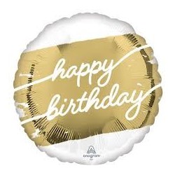 BALLON ROND METALLIQUE BLANC ET DORE HAPPY  BIRTHDAY 43 CM