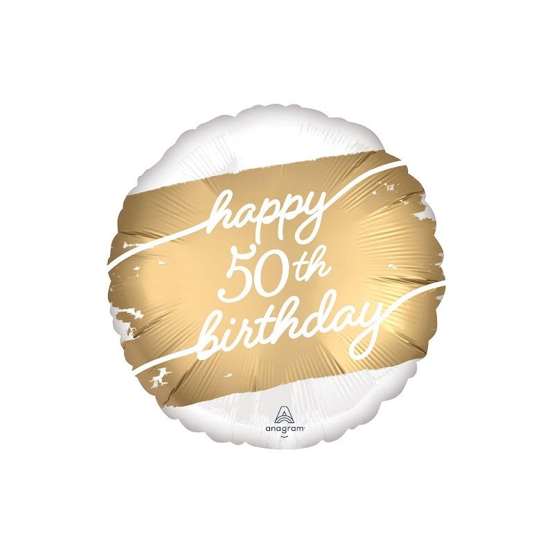 BALLON ROND METALLIQUE BLANC ET DORE HAPPY 50TH BIRTHDAY 43 CM  BALLON ROND METALLIQUE BLANC ET DORE HAPPY 50TH BIRTHDAY 43 CM