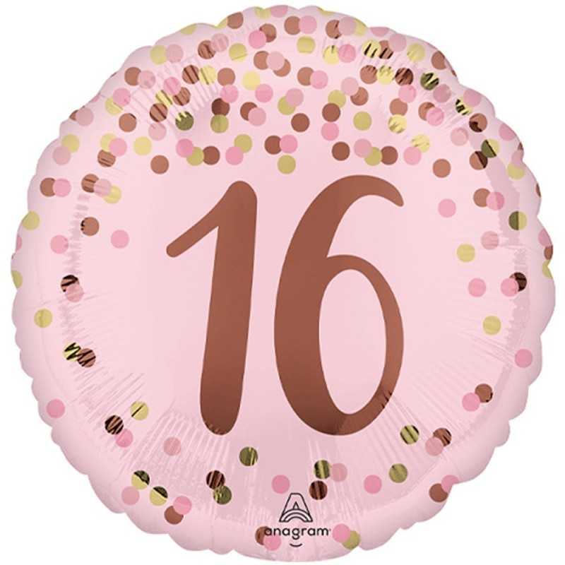 BALLON ROND METALLIQUE ROSE ET DORE 16 ANS 43 CM 