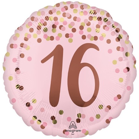BALLON ROND METALLIQUE ROSE ET DORE 16 ANS  43 CM 