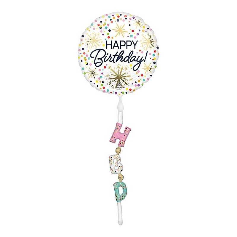 BALLON METALLIQUE ROND BLANC AIRWALKER HAPPY BIRTHDAY MULTICOULEUR 60 X 170 CM 