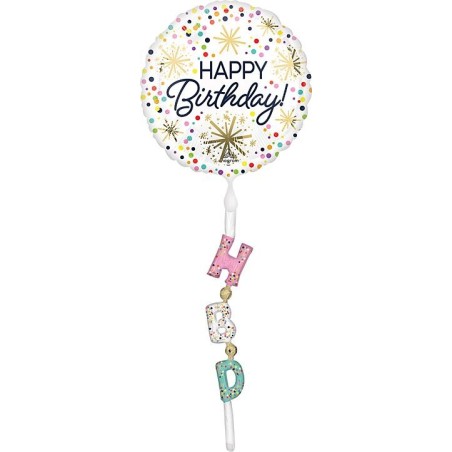 BALLON METALLIQUE  ROND BLANC AIRWALKER HAPPY BIRTHDAY MULTICOULEUR 60 X 170 CM 