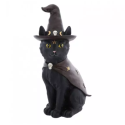 DECORATION CHAT NOIR AVEC CHAPEAU ET CAPE 16 CM X 12 CM X 31 CM