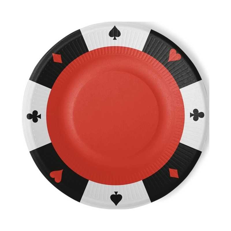 8 ASSIETTES CASINO COEUR TREFLE CARREAU PIQUE ROUGE NOIR ET BLANC 23 CM