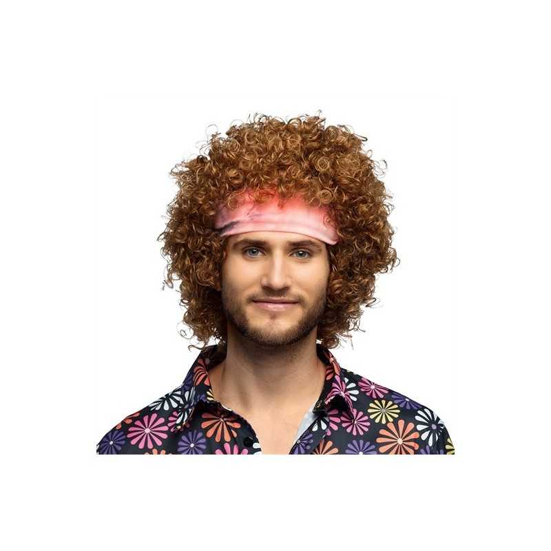 PERRUQUE HIPPIE GROOVE CHEVEUX BOUCLES CHATAIN + BANDEAU