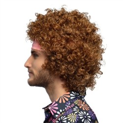 PERRUQUE HIPPIE GROOVE CHEVEUX BOUCLES CHATAIN + BANDEAU