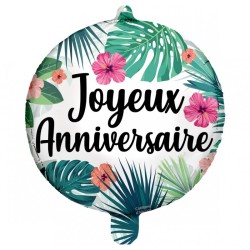 BALLON METALLIQUE ROND 45 CM JOYEUX ANNIVERSAIRE TROPICAL