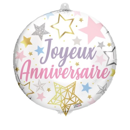 BALLON METALLIQUE ROND 48 CM JOYEUX ANNIVERSAIRE ETOILES 