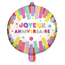 BALLON METALLIQUE ROND 48 CM JOYEUX ANNIVERSAIRE COLORE