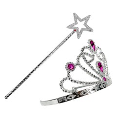 BAGUETTE DE FEE MAGIQUE + DIADEME PRINCESSE ISABELLE ARGENT PIERRES STRASS ROSE