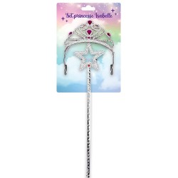 BAGUETTE DE FEE MAGIQUE + DIADEME PRINCESSE ISABELLE ARGENT PIERRES STRASS ROSE