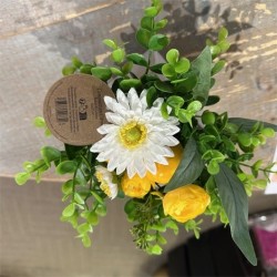 DECORATION COMPOSITION CITRONS, FLEURS ET FEUILLAGE JAUNE ET BLANC AVEC POT EN B