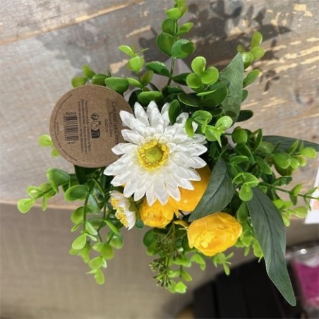 DECORATION COMPOSITION CITRONS, FLEURS ET FEUILLAGE JAUNE ET BLANC AVEC POT EN B