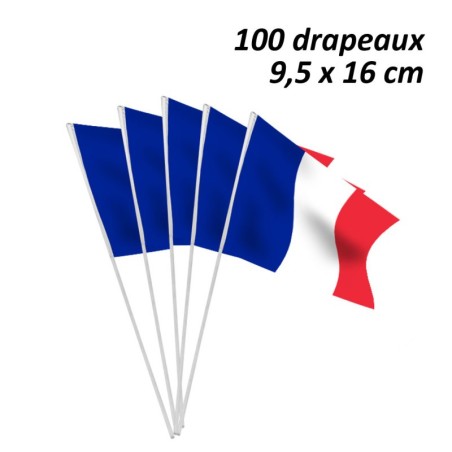100 DRAPEAUX DE TABLE FRANCE EN PAPIER 9.5 X 16 CM HAMPE PLASTIQUE