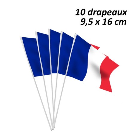 10 DRAPEAUX DE TABLE FRANCE EN PAPIER 9.5 X 16 CM HAMPE PLASTIQUE