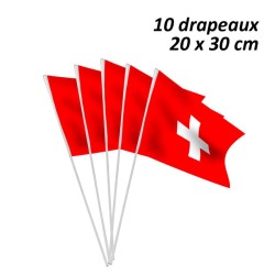 10 DRAPEAUX SUISSE EN PAPIER 20 X 30 CM HAMPE PLASTIQUE