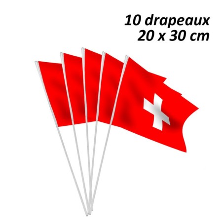 10 DRAPEAUX SUISSE EN PAPIER 20 X 30 CM HAMPE PLASTIQUE