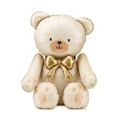 BALLON METALLIQUE OURS CREME SATIN NOEUD OR GONFLAGE AIR 84 X 75 CM
