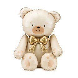 BALLON METALLIQUE OURS CREME SATIN NOEUD OR GONFLAGE AIR 84 X 75 CM