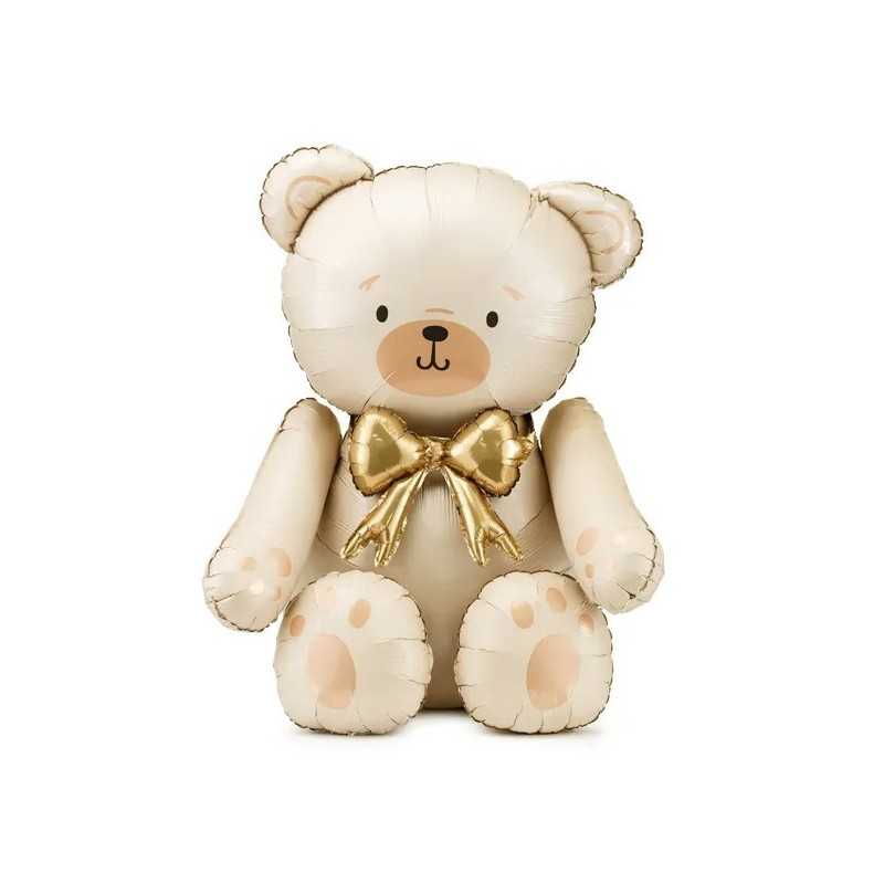 BALLON METALLIQUE OURS CREME SATIN NOEUD OR GONFLAGE AIR 84 X 75 CM