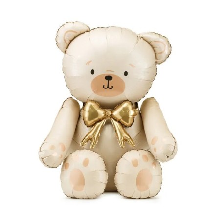 BALLON METALLIQUE OURS CREME SATIN NOEUD OR GONFLAGE AIR 84 X 75 CM