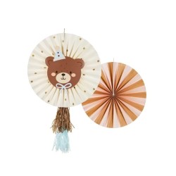 2 ROSETTES DECORATIVES OURS COULEURS CREME ROSE ET BLEU