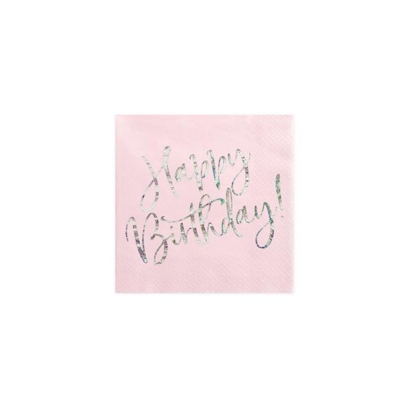 20 SERVIETTES ROSE POUDRE  HAPPY BIRTHDAY ARGENT 33 X 33 CM  20 SERVIETTES ROSE POUDRE  HAPPY BIRTHDAY ARGENT 33 X 33 CM