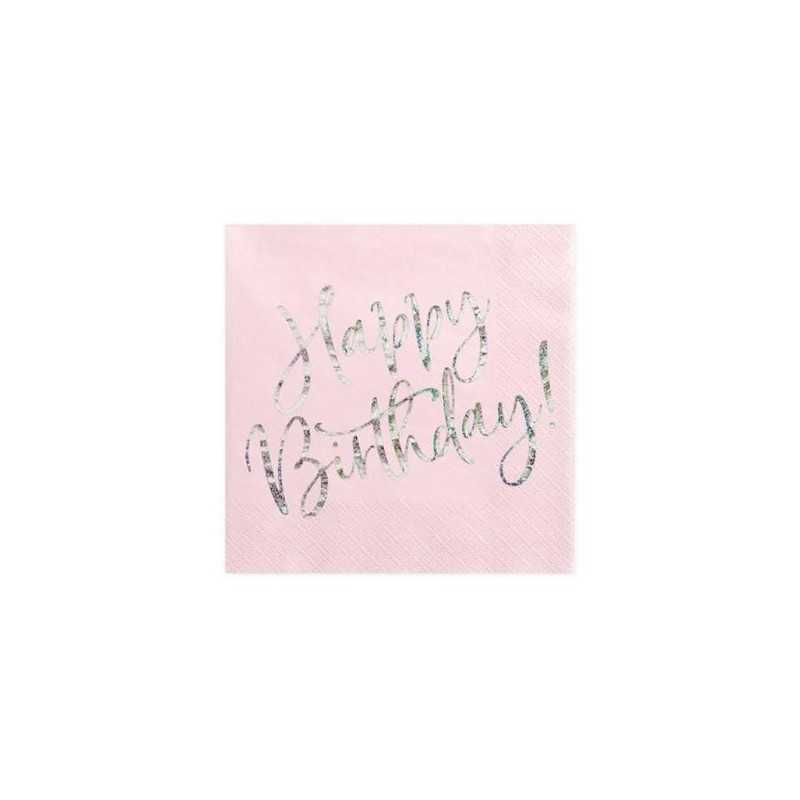 20 SERVIETTES ROSE POUDRE HAPPY BIRTHDAY ARGENT 33 X 33 CM 