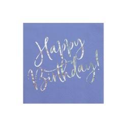 20 SERVIETTES BLEU HAPPY BIRTHDAY ARGENT 33 X 33 CM