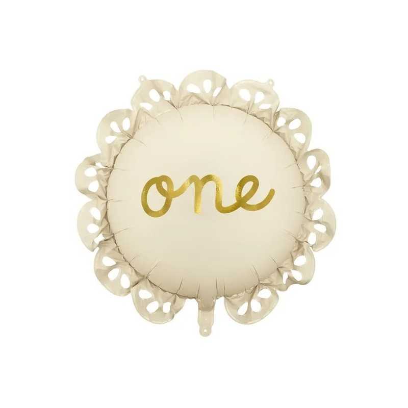 BALLON METALLIQUE ROND ONE BLANC CREME 52 CM GONFLE